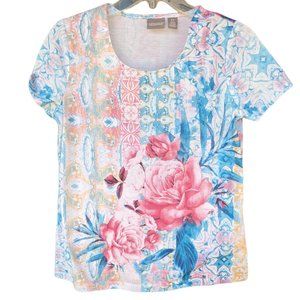 Chico's Floral Short Sleeve Round Neck Top - Chico's Size 0/ US XS 4